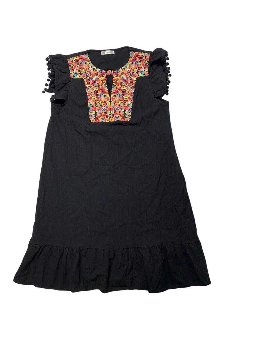 Kirundo Embroidered Boho Dress Womens Small Black Pom Pom Flutter Sleeve Ruffle